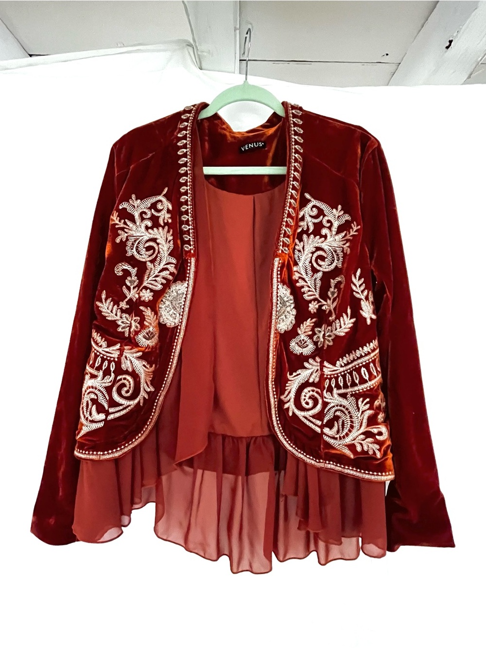 VENUS Red Velvet Embroidered Open-Front Jacket with Chiffon Back